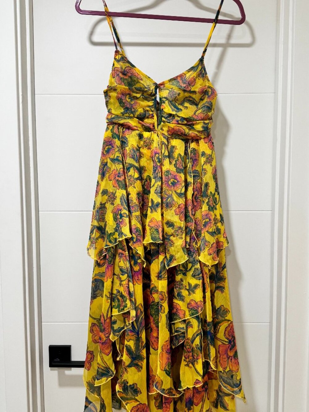 MISA Los Angeles Yellow Floral Tiered Midi Dress XS Boho